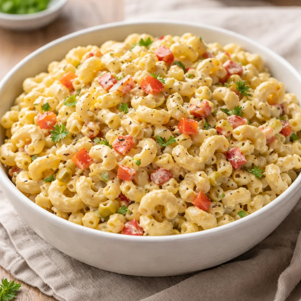 Bowl of the best macaroni salad with colorful vegetables and dressing