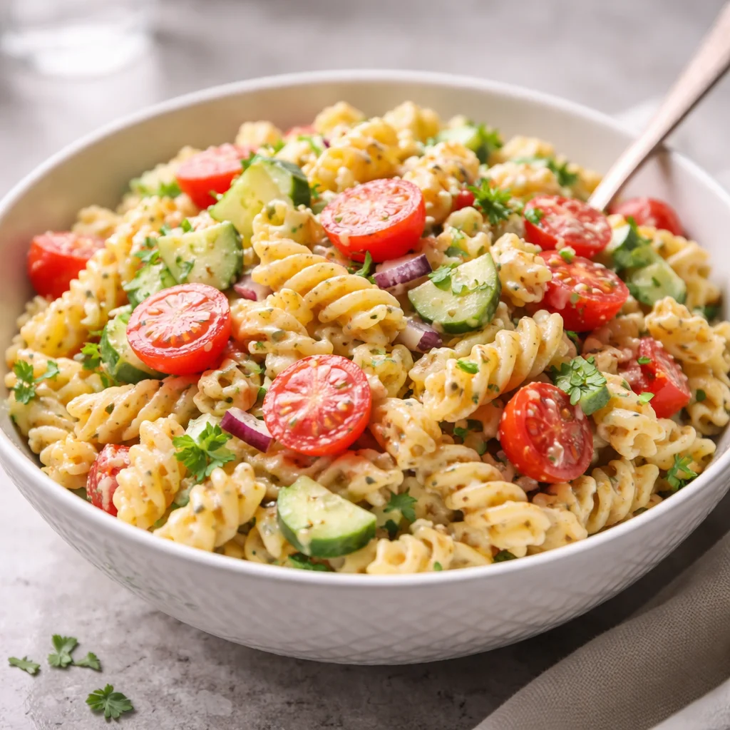 Delicious creamy pasta salad in a bowl with fresh vegetables