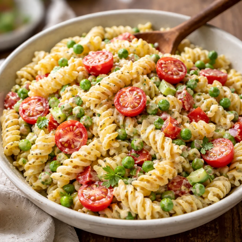Delicious creamy pasta salad with fresh vegetables and herbs