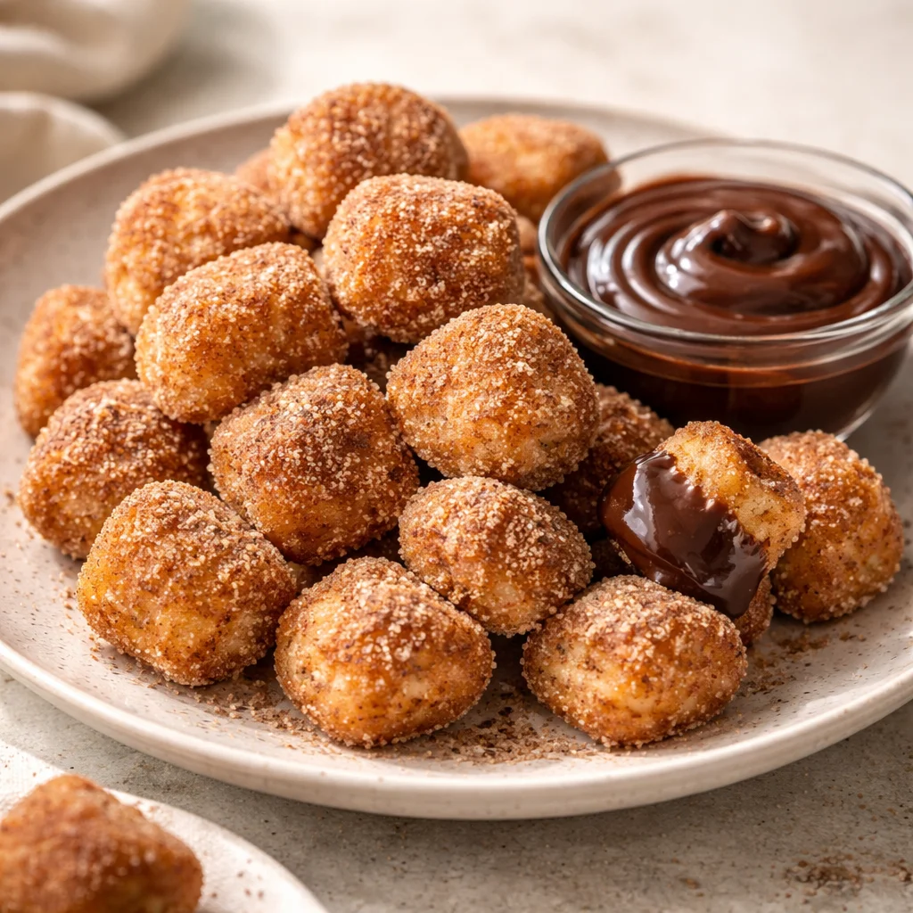 Crispy air fryer churro bites served on a plate with chocolate sauce