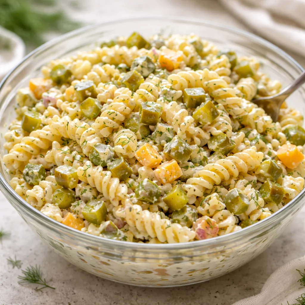 Delicious Dill Pickle Pasta Salad served in a bowl with fresh ingredients.