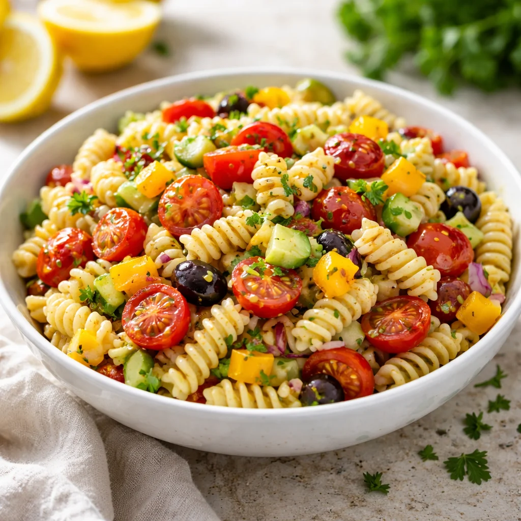 Bowl of easy classic pasta salad with vegetables and dressing