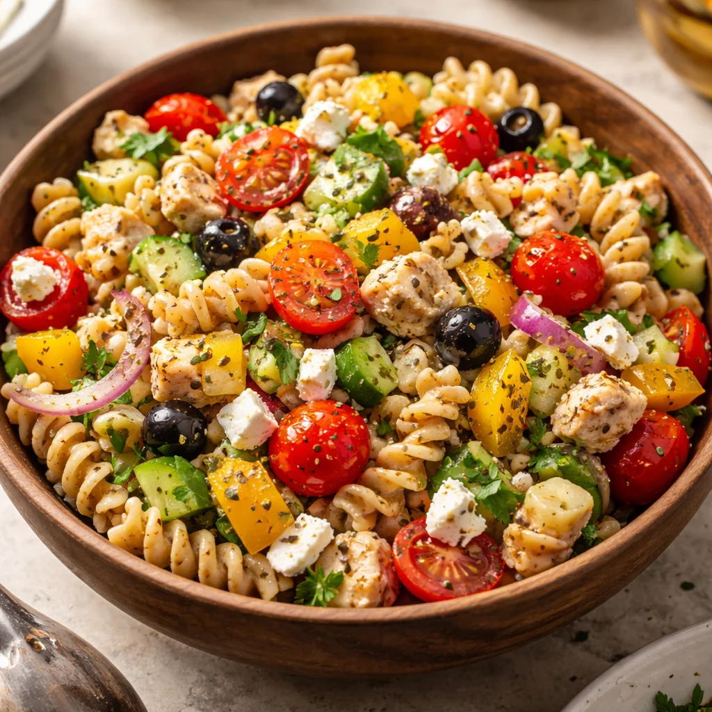 High Protein Greek Pasta Salad featuring colorful veggies and pasta
