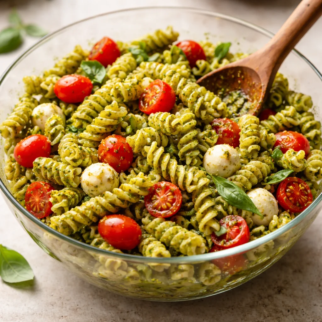Pesto Pasta Salad with Cherry Tomatoes, Fresh Mozzarella, and Basil Recipe
