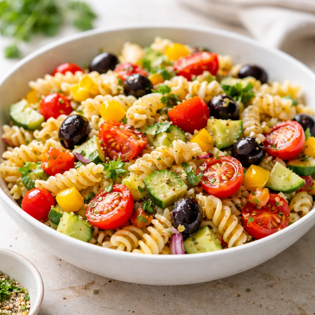 Colorful summer pasta salad featuring fresh vegetables and herbs.