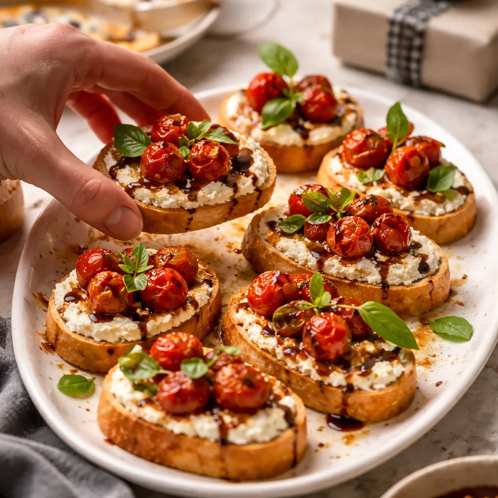 Ricotta crostini topped with roasted tomatoes on a wooden serving board