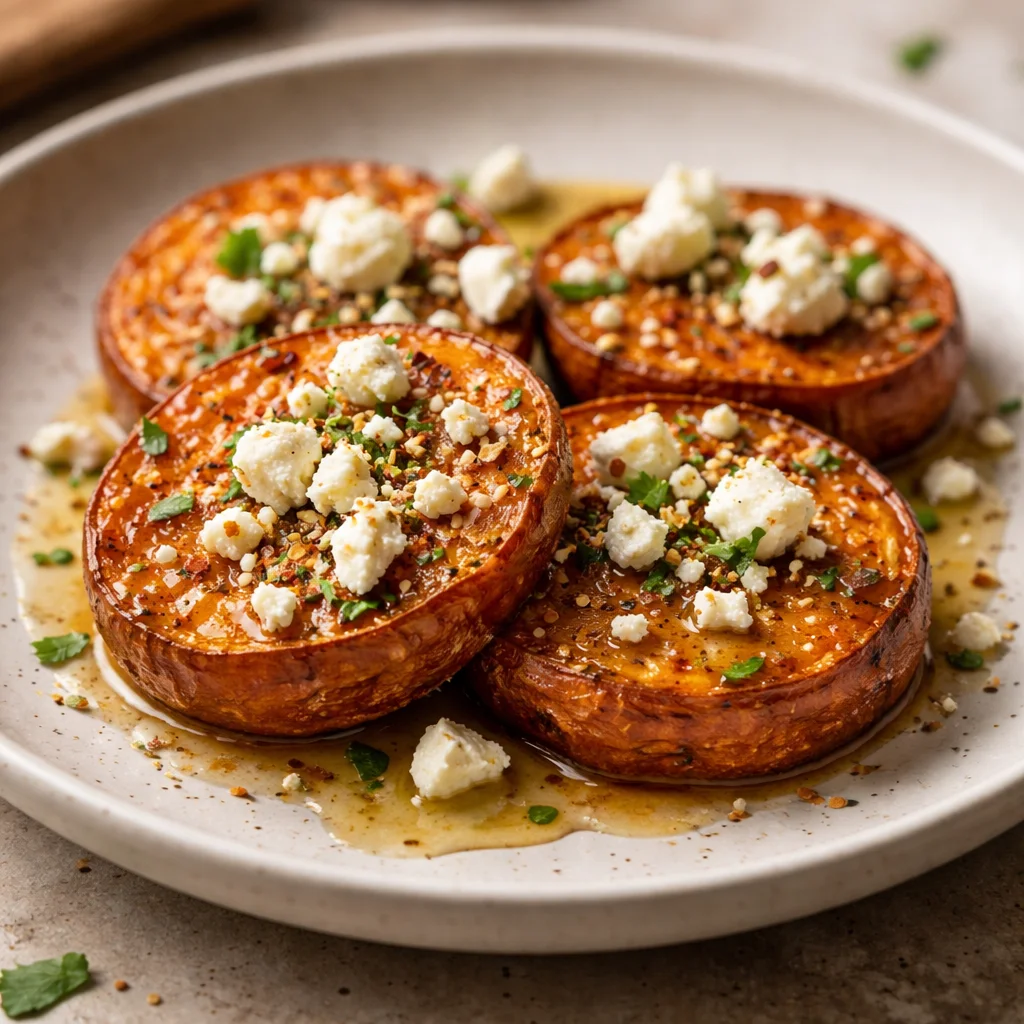 Roasted sweet potato rounds drizzled with honey and topped with feta cheese