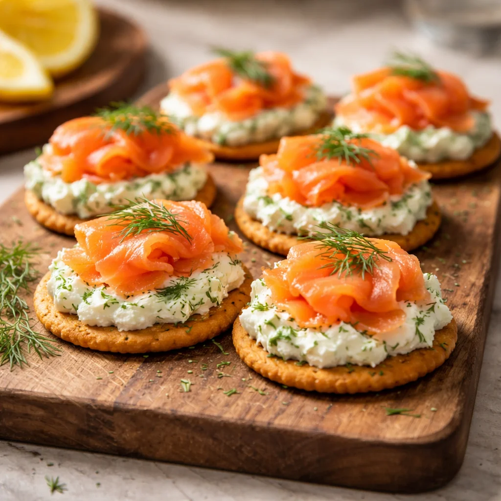 Delicious smoked salmon canapés with cream cheese topping on crackers