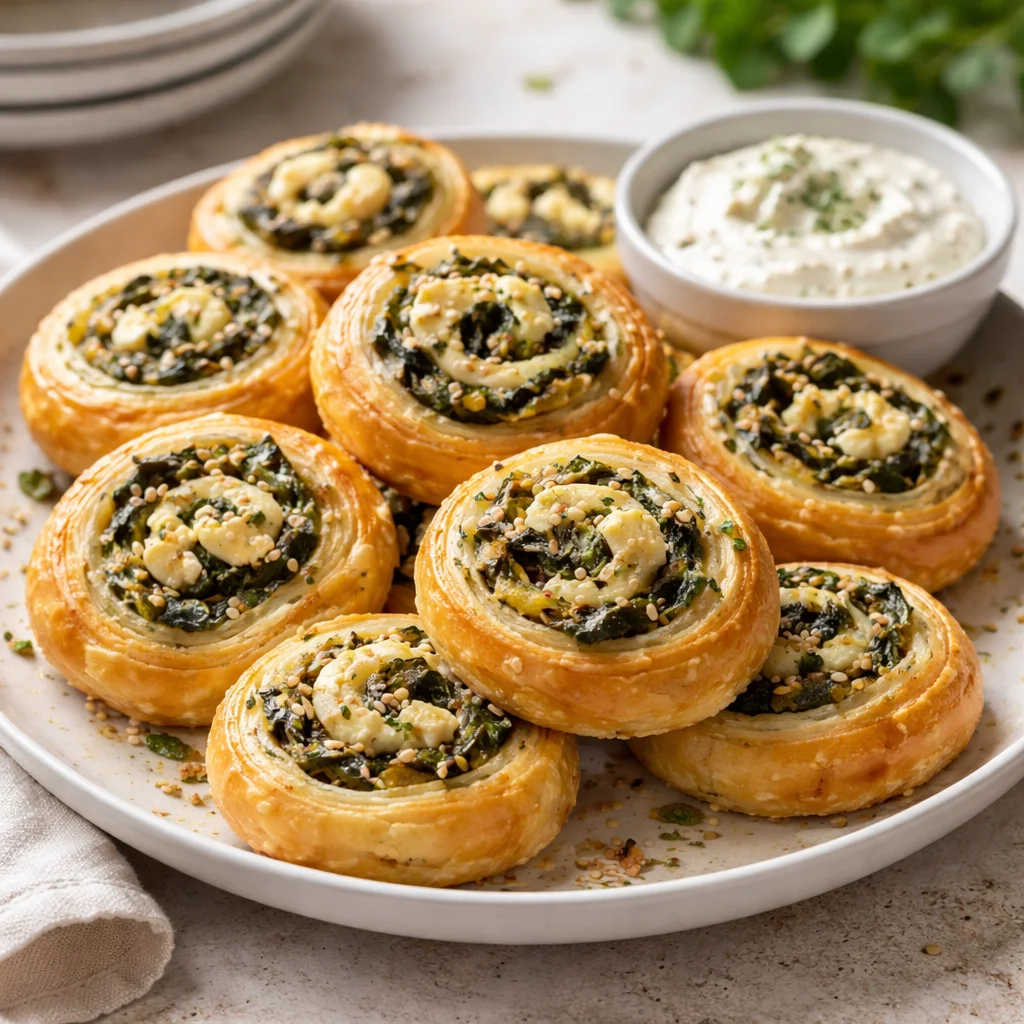 Spinach Feta Pinwheels served on a platter, a tasty appetizer.