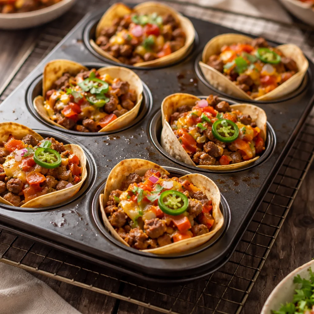 Delicious Taco Muffins topped with cheese and jalapenos, served in muffin tins.