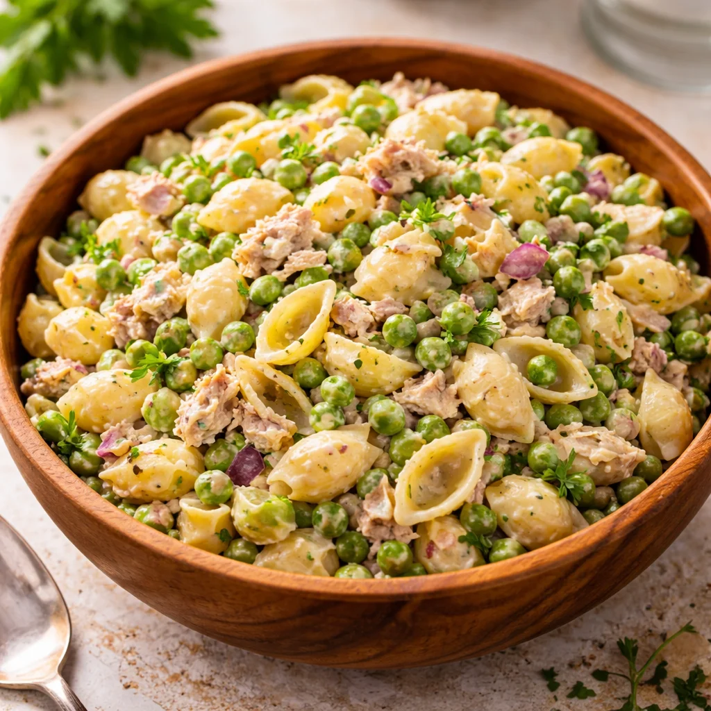 Delicious bowl of Tuna Pasta Salad with fresh vegetables and dressing