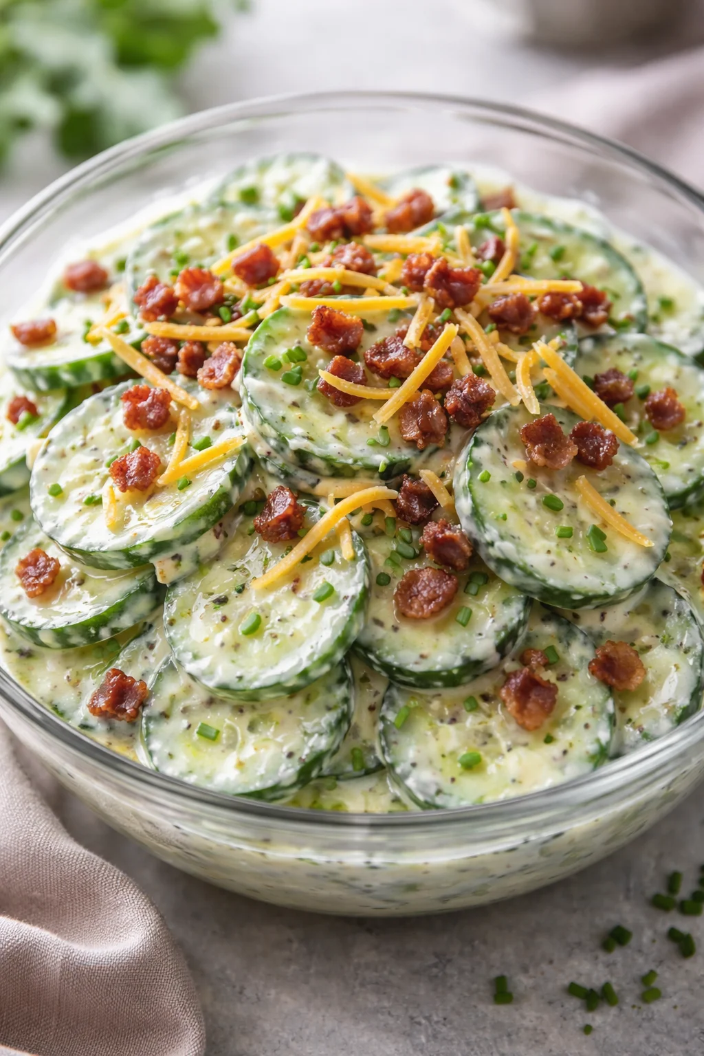 Creamy Cucumber Salad with Bacon and Cheese