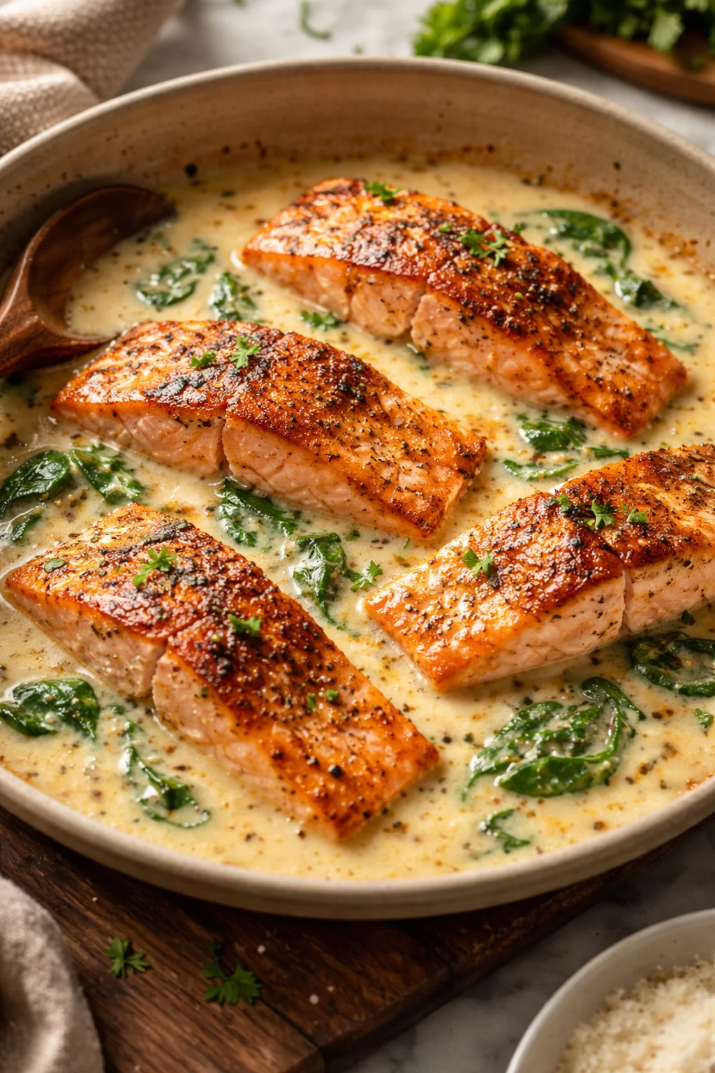 Pan Seared Salmon in Parmesan Cream Sauce