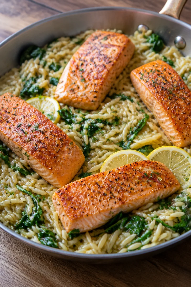 Pan-Seared Salmon with Lemony Orzo and Spinach