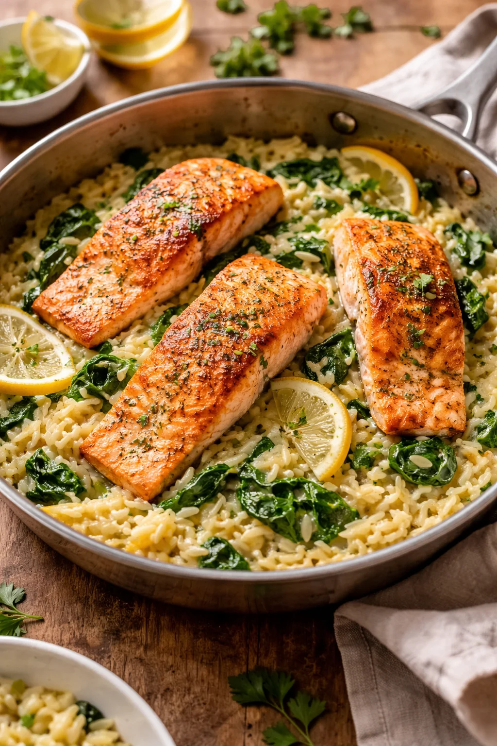 Pan-Seared Salmon with Lemony Orzo and Spinach