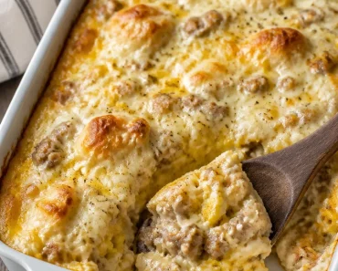 Biscuits and Gravy with Eggs and Sausage Breakfast Casserole