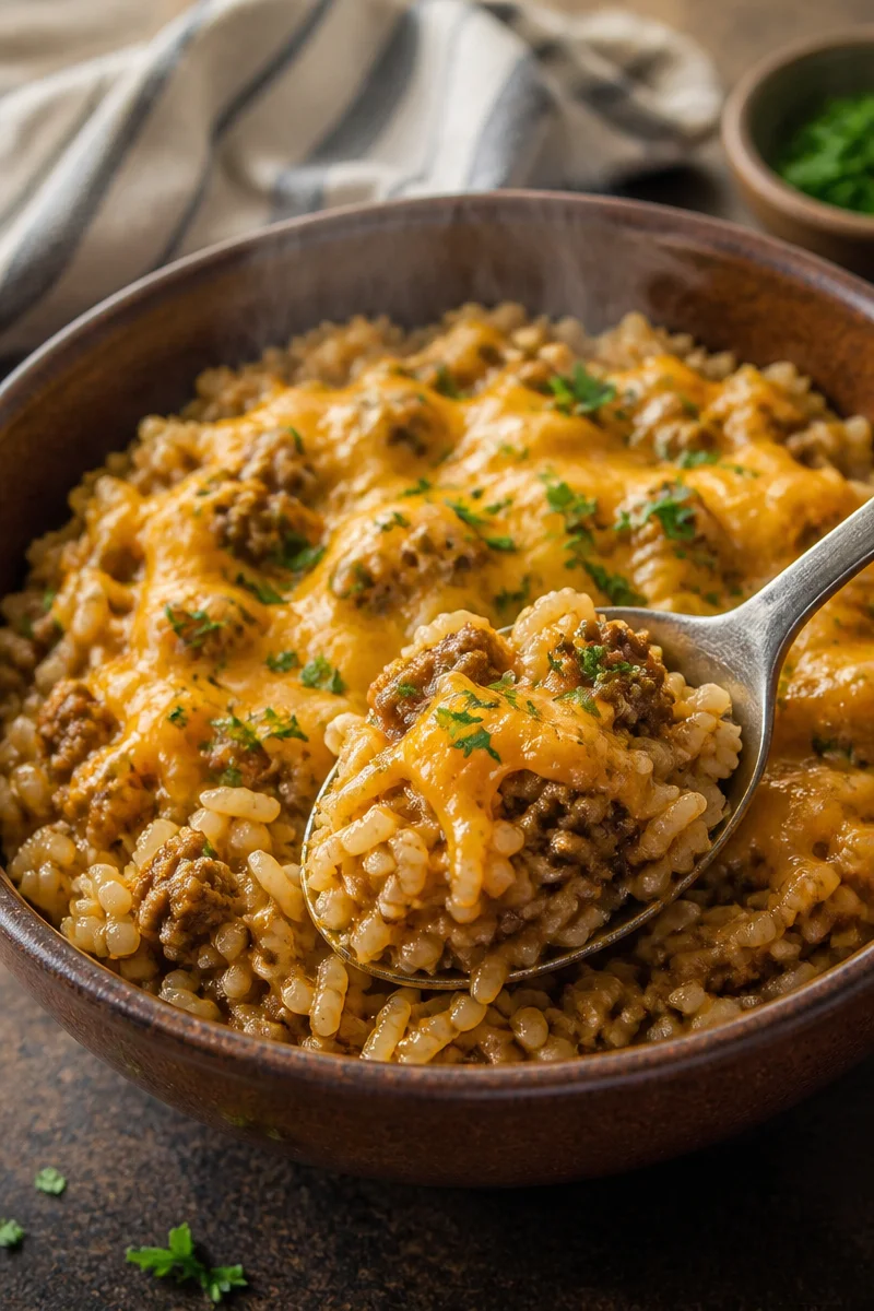 Cheesy Ground Beef and Rice Casserole