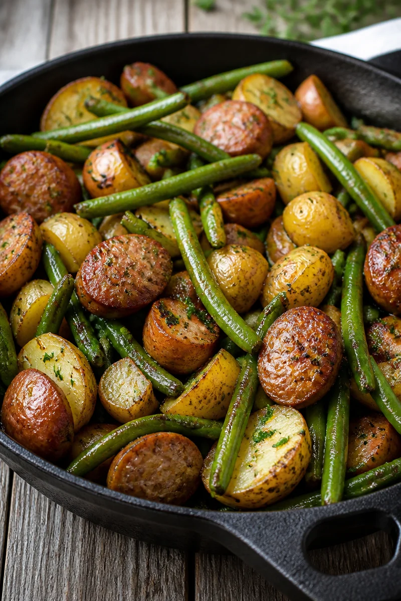 One Pan Sausage, Green Beans, and Potatoes