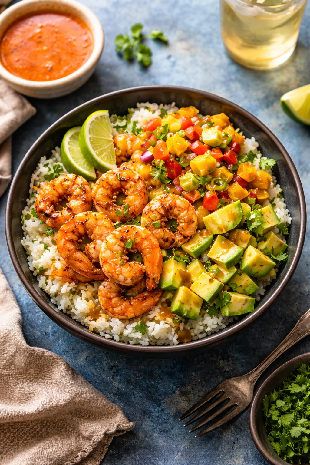 Shrimp and Avocado Bowls with Mango Salsa and Lime Chili Sauce
