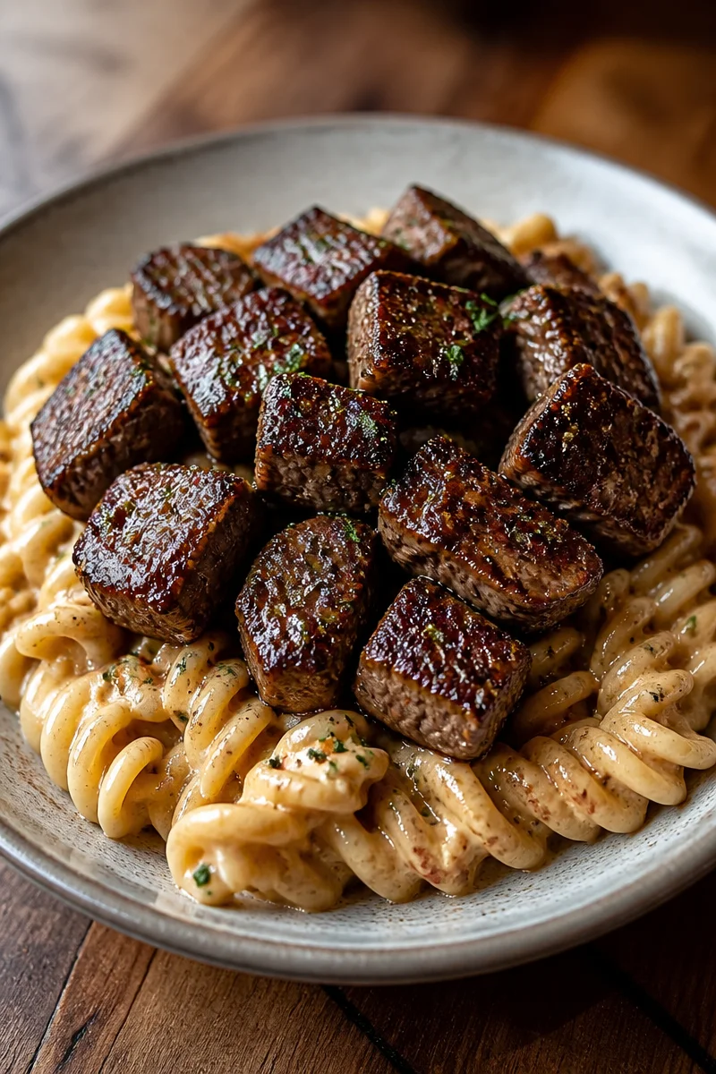Creamy Garlic Butter Steak Bites with Spicy Cajun Alfredo Twisted Pasta