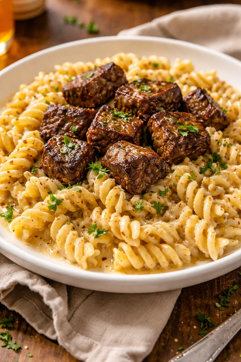 Creamy Garlic Butter Steak Bites with Spicy Cajun Alfredo Twisted Pasta