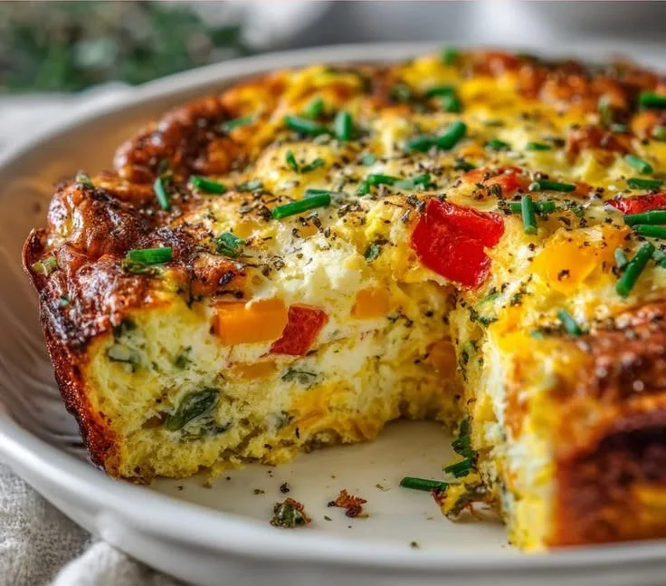 Delicious egg casserole baked with fresh ingredients and spices