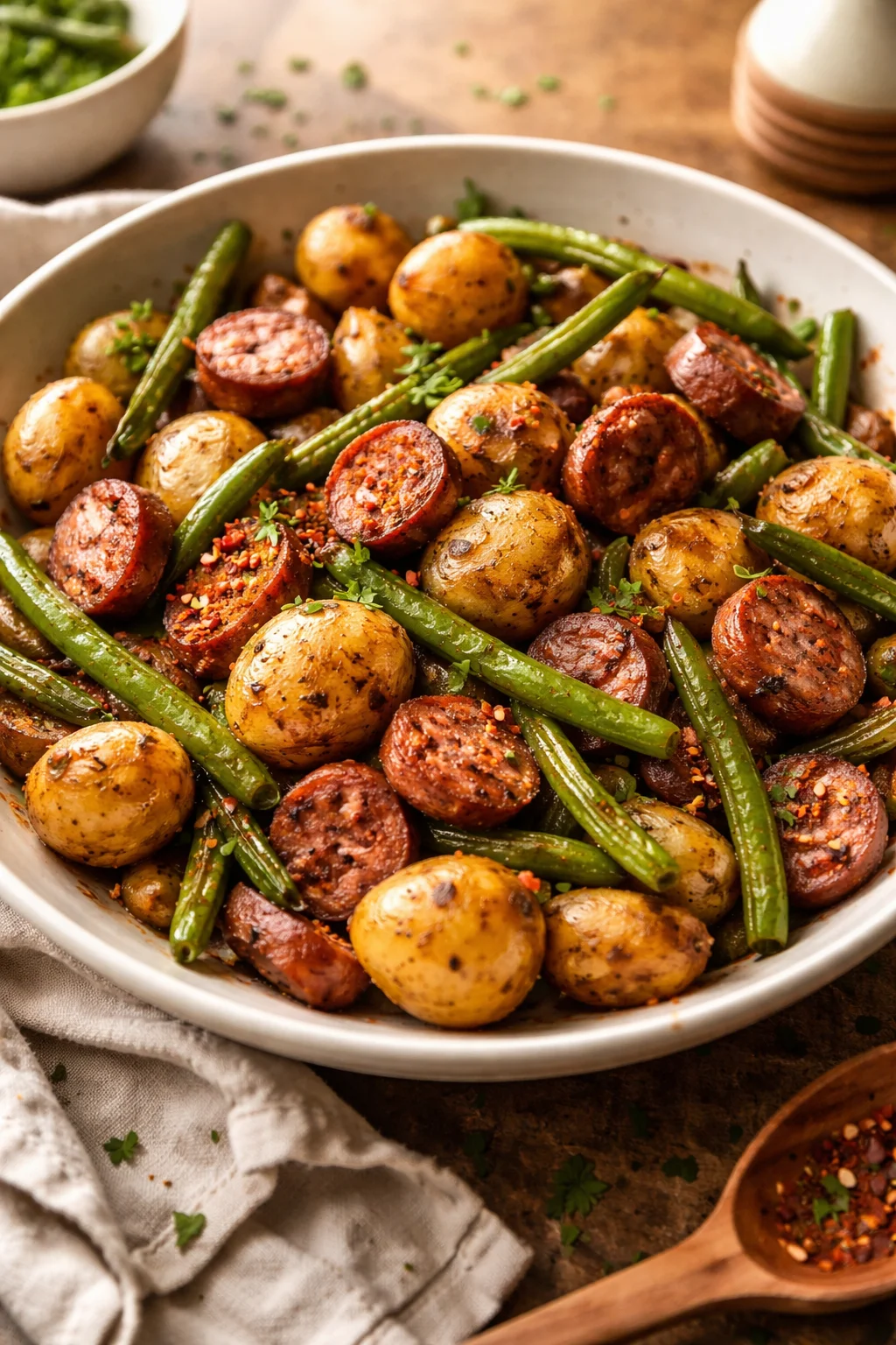 One Pan Sausage, Green Beans, and Potatoes