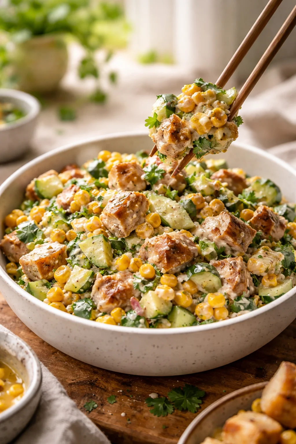 Street Corn Creamy Cucumber Chicken Salad